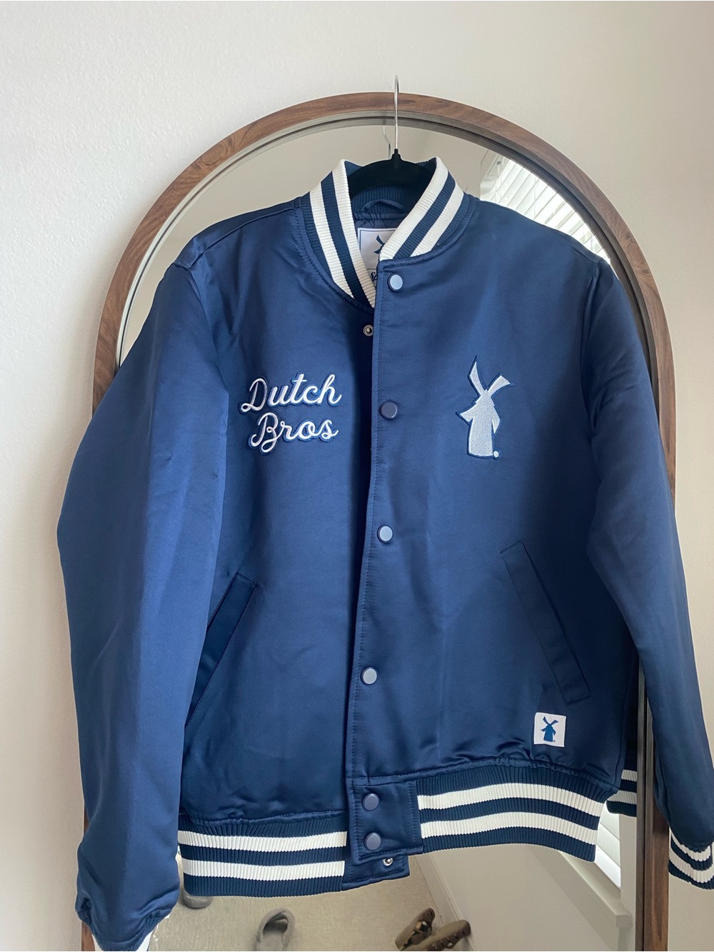 Dutch Bros Navy Varsity Jacket with White Trim
